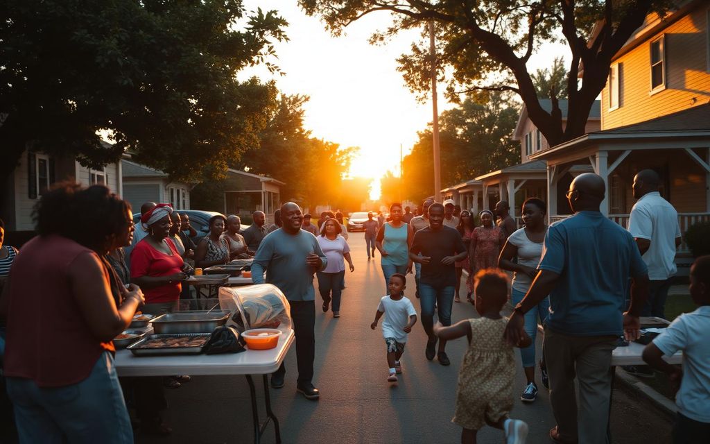 Neighbors of all ages gathered for a block party on a Northwest Landing street at sunset